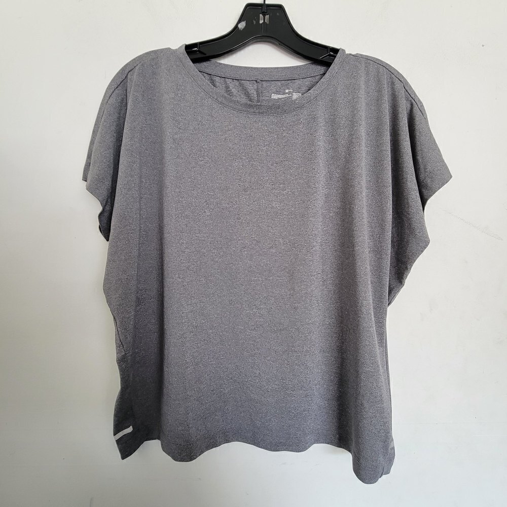 Muji Heather Gray Workout Active Short Sleeve Shirt Top Reflective Strips Med Lg